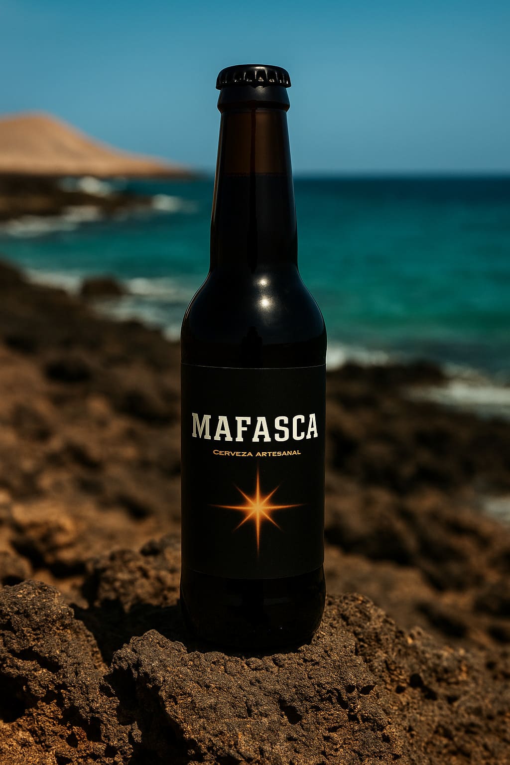 Botella de cerveza artesanal Mafasca sobre rocas volcánicas en la costa de Fuerteventura, con el mar turquesa al fondo.