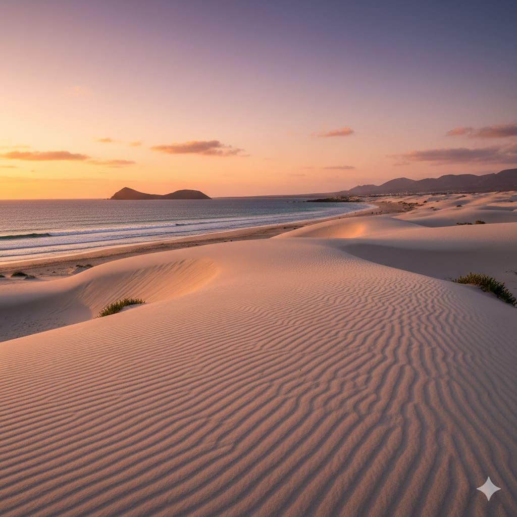 Dunas de Corralejo en Fuerteventura al atardecer, con arena dorada, mar turquesa y la Isla de Lobos en el horizonte. Paisaje natural protegido de Fuerteventura.