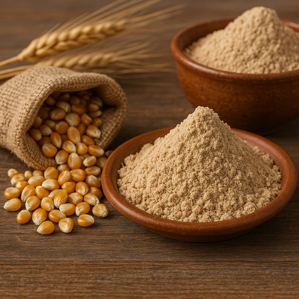 Montículo de gofio majorero en un cuenco de barro sobre mesa de madera, con granos de maíz y espigas al fondo