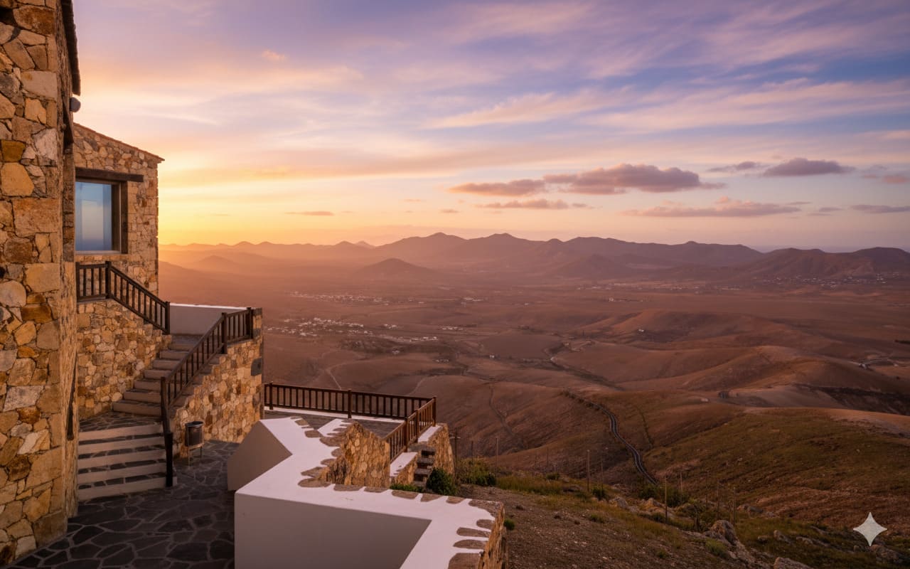 Vista aérea del Mirador de Morro Velosa en Fuerteventura al atardecer, mostrando la arquitectura de César Manrique integrada en el paisaje montañoso ocre de la isla.