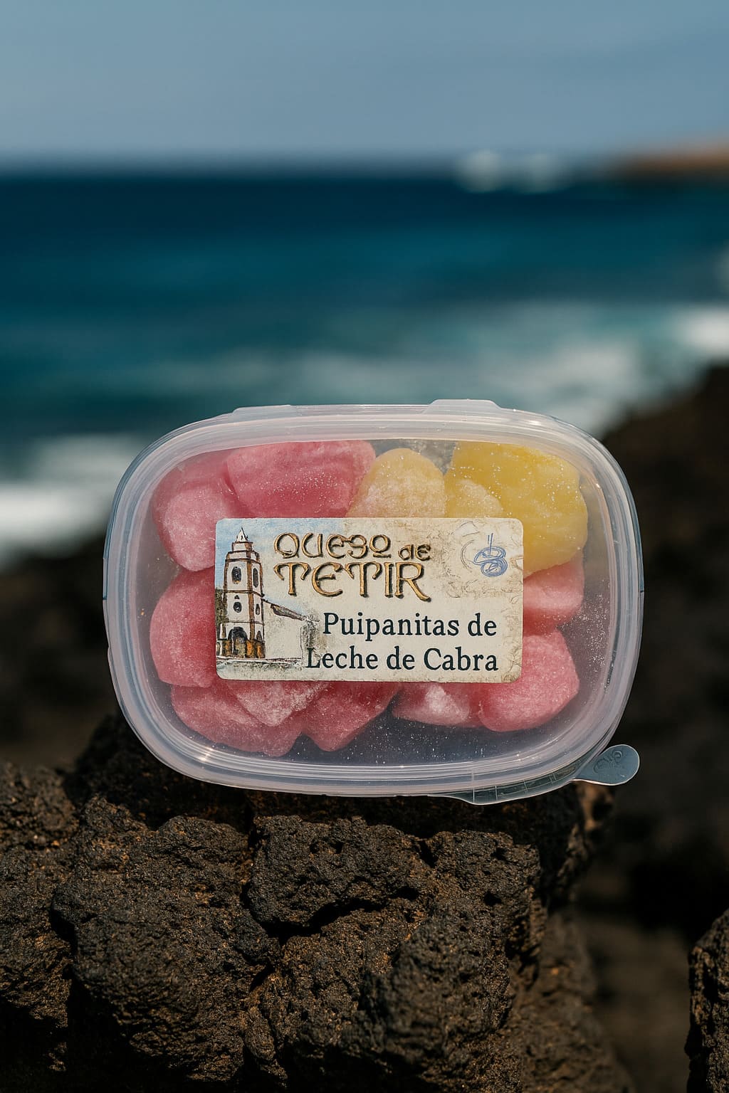 Envase de Puipanas de leche de cabra Quesos de Tetir sobre rocas volcánicas, con el océano Atlántico y la costa de Fuerteventura al fondo.