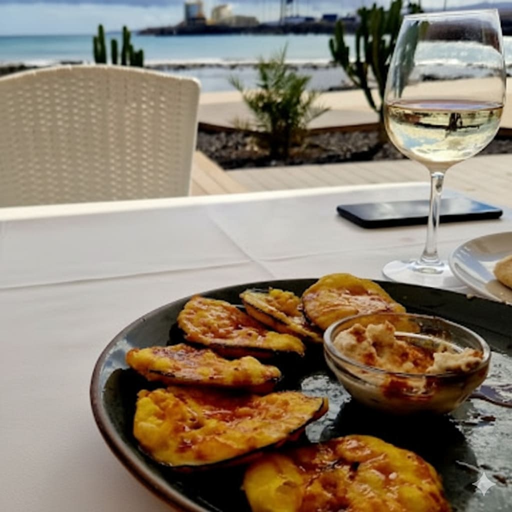 Plato de berenjenas crujientes con miel y copa de vino frente al mar en El Rinconcito de Doña Juanita.