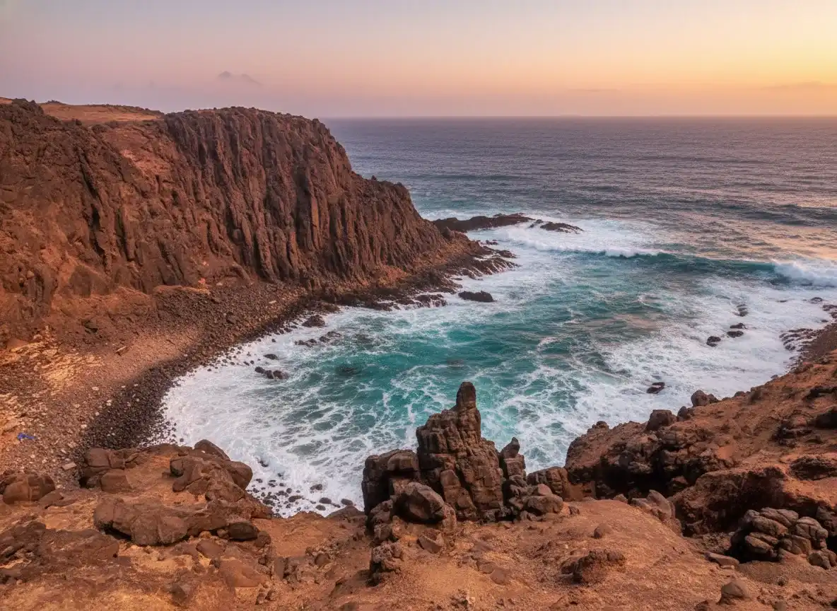 Espectacular acantilado con formaciones geológicas de columnas basálticas hexagonales al atardecer, rodeado de olas turquesas y rocas oscuras en la costa marina