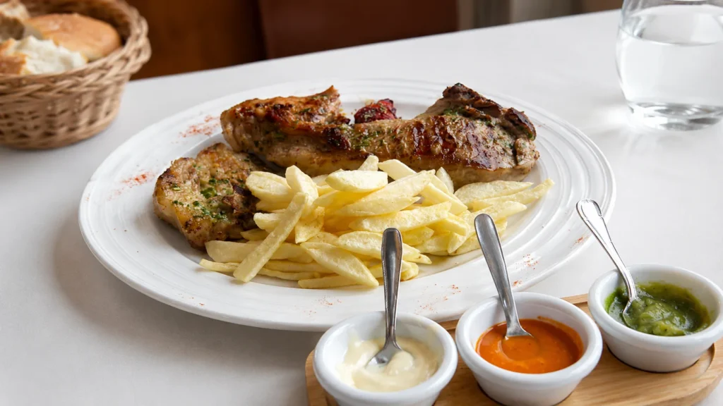 Carne asada con papas fritas y salsas servida en Restaurante El Conejero, Valle de Santa Inés, Fuerteventura