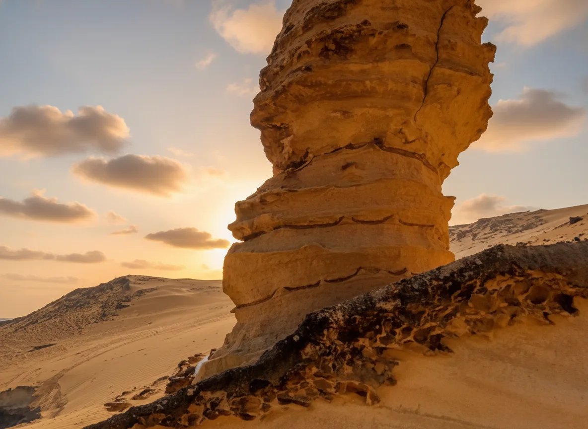 Torre de roca natural en forma de pilares apilados en paisaje desértico árido durante la hora dorada del atardecer