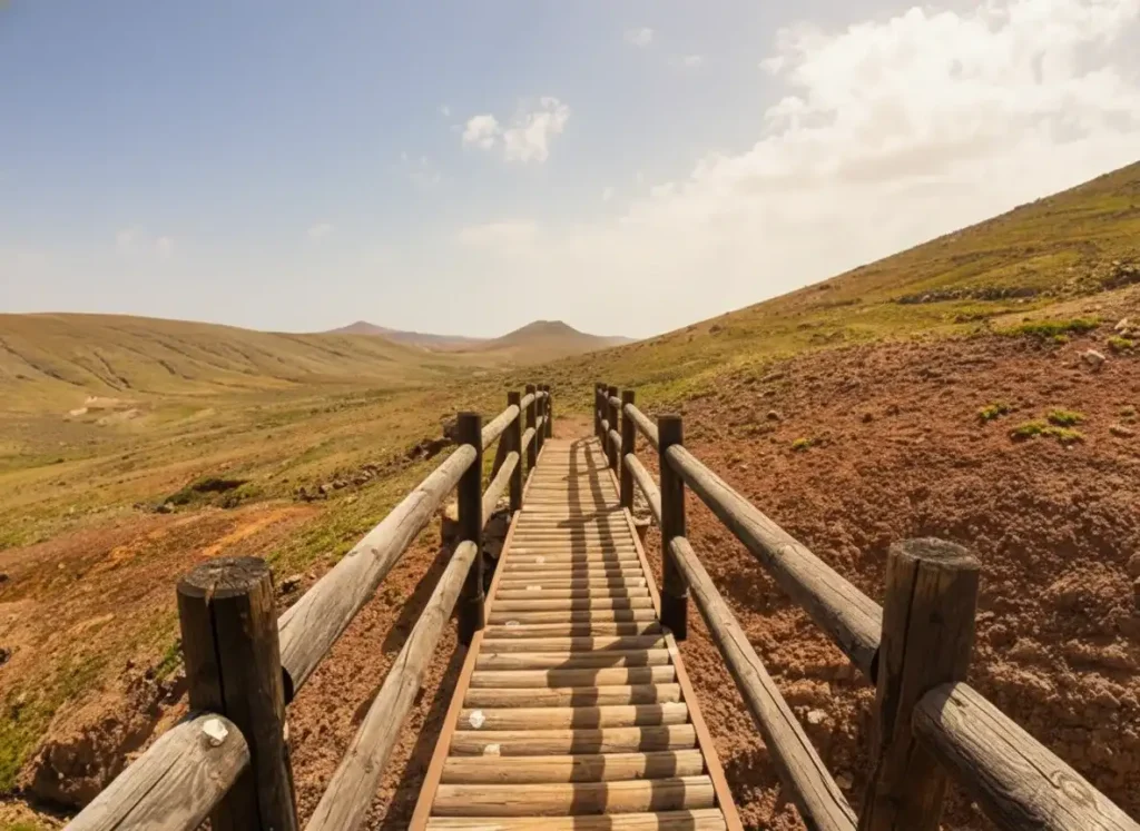 Pasarela de madera con barandillas recorriendo un paisaje volcánico árido con montañas al fondo y vegetación dispersa bajo cielo nublado
