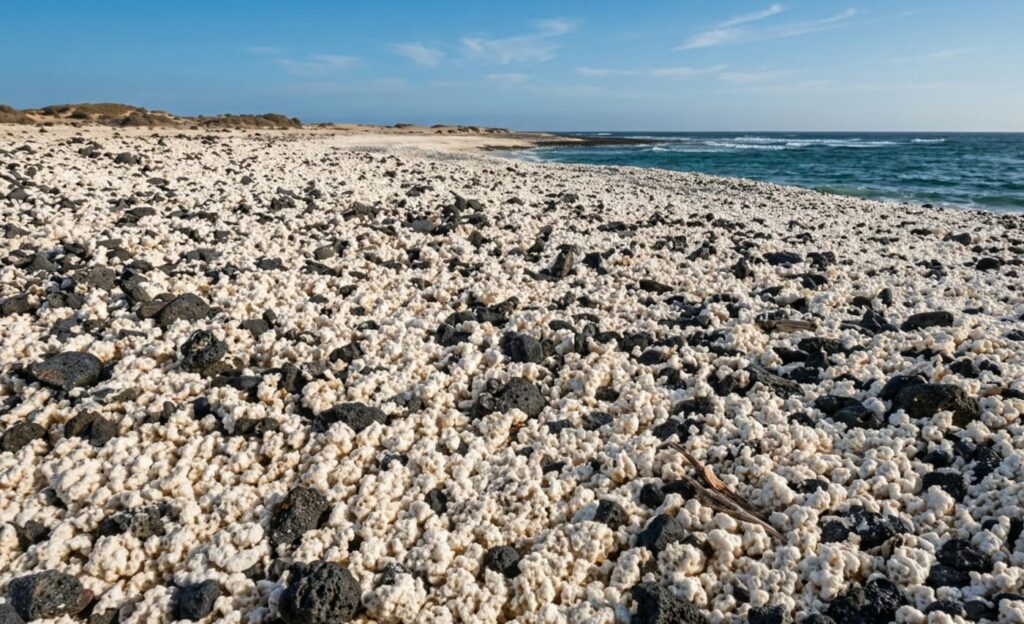 Orilla de la Playa de las Palomitas, también conocida como Bajo de la Burra, en Fuerteventura