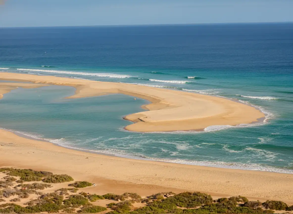 Vista aérea de una playa virgen con un banco de arena dorado rodeado de agua turquesa y olas blancas, vegetación costera en primer plano y océano azul profundo de fondo