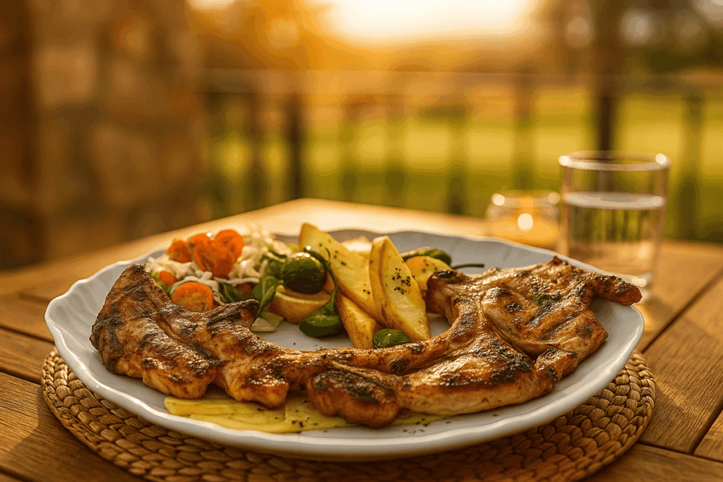 Plato de chuletillas de cordero a la brasa con papas y pimientos en la terraza del Restaurante Algo Más (Caleta de Fuste)