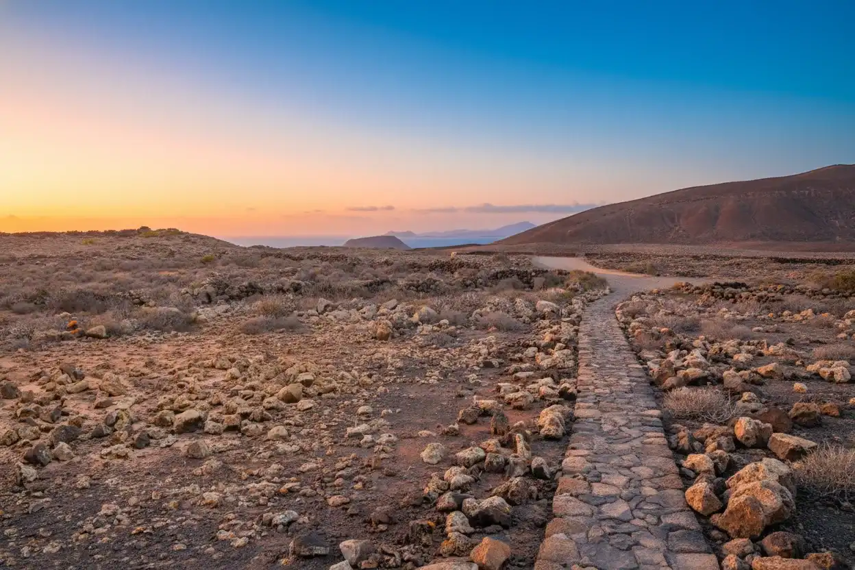 Sendero empedrado atravesando un paisaje desértico árido con rocas dispersas, colinas rocosas a ambos lados y un río o arroyo al fondo, iluminado por la luz dorada del atardecer con cielo azul gradual