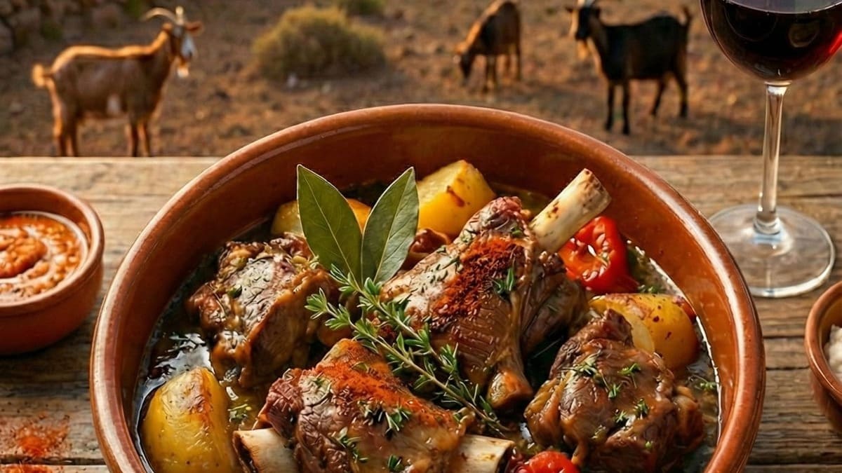 Plato de cabrito majorero guisado con papas y hierbas aromáticas, servido en una cazuela con una copa de vino al lado.