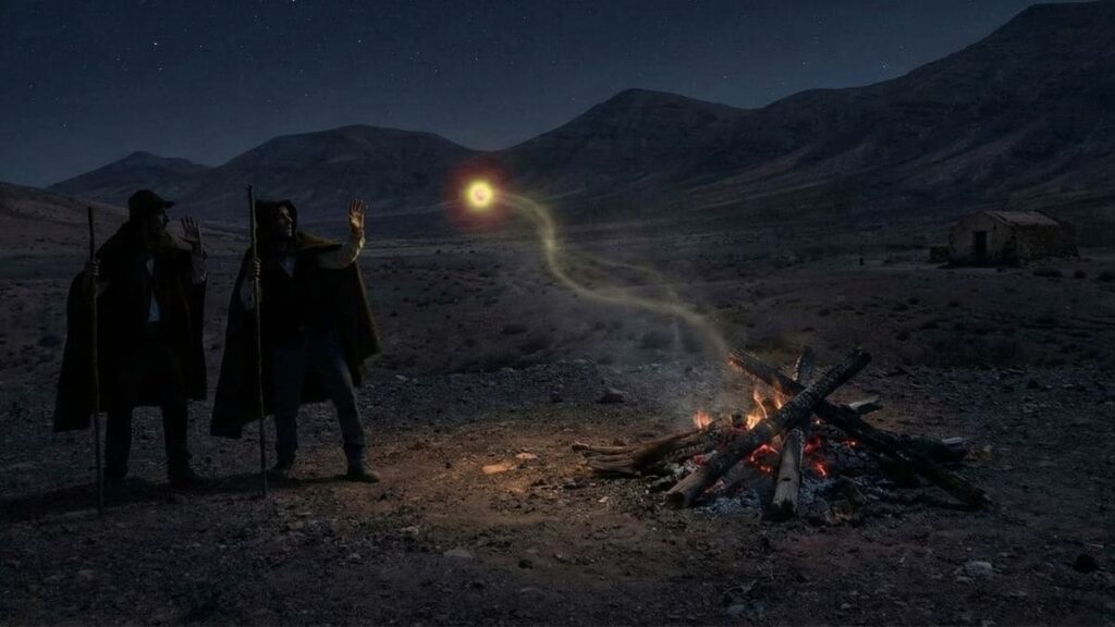 Escena nocturna en los llanos de Fuerteventura con una hoguera y una luz misteriosa en el horizonte, inspirada en la leyenda de la Luz de Mafasca.
