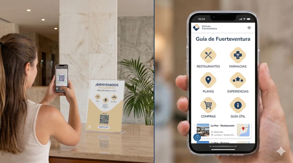Huésped escaneando un código QR en un alojamiento vacacional para acceder a la guía digital de Fuerteventura en el móvil