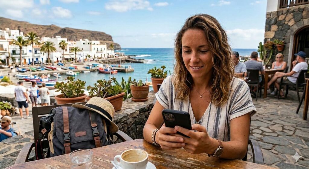 Viajero consultando una guía digital turística desde el móvil en Canarias