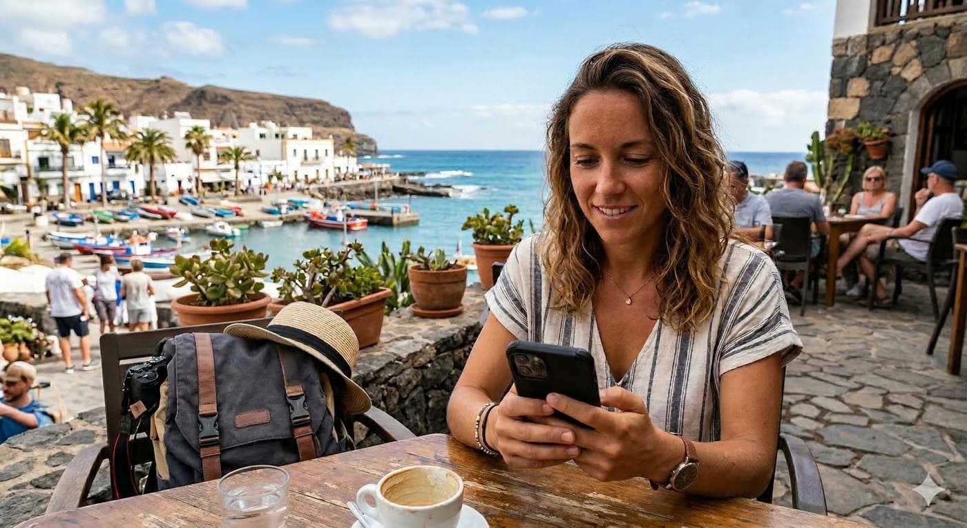 Viajero consultando una guía digital turística desde el móvil en Canarias