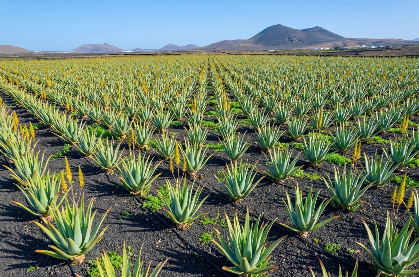 Campo de aloe vera en Fuerteventura con paisaje volcánico al fondo