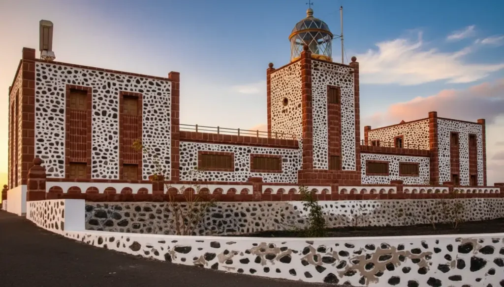 Edificio arquitectónico contemporáneo construido con piedra volcánica blanca y negra, featuring una torre central con cúpula dorada, rodeado de muros de piedra decorativos y barandillas ornamentales