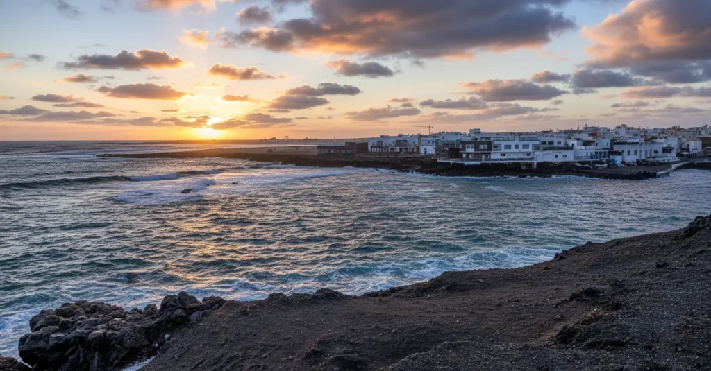 Vista panorámica de un atardecer dorado sobre el océano con un pueblo de casas blancas y arquitectura tradicional construidas junto a acantilados rocosos, con olas del mar golpeando la costa
