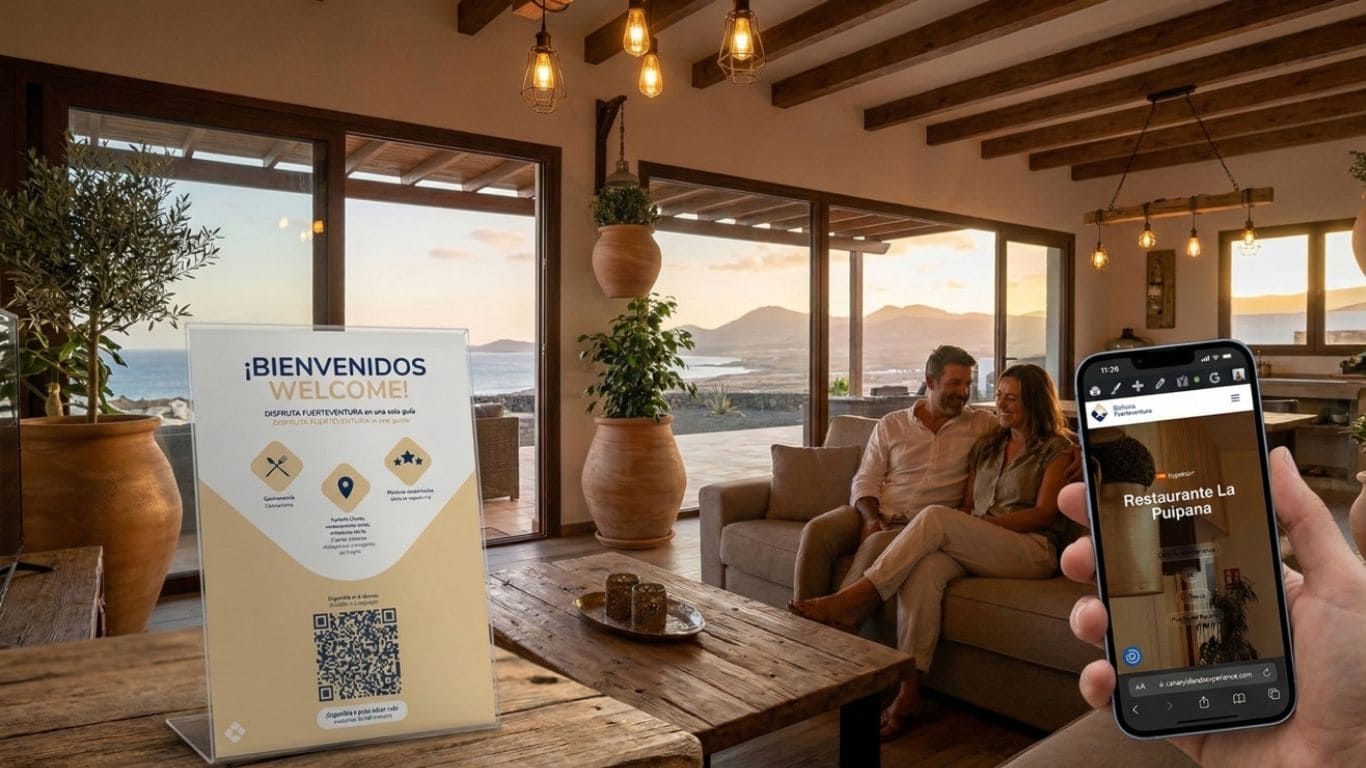 Cartel de bienvenida con QR en un alojamiento y móvil mostrando la ficha de un restaurante en la guía digital de Fuerteventura