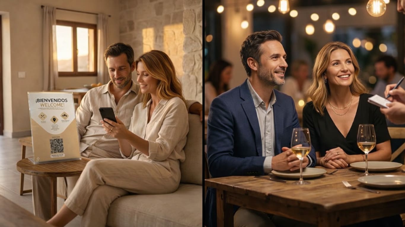 Turistas consultando restaurantes en la guía digital de Fuerteventura desde su alojamiento vacacional