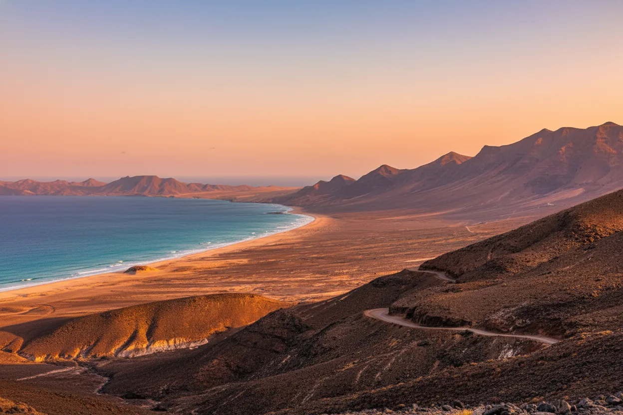 Vista panorámica de una playa de arena dorada al atardecer, rodeada de montañas áridas y rocosas, con aguas turquesas y un camino sinuoso en primer plano