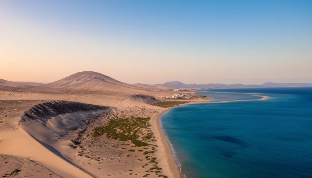 Vista aérea de una bahía con playas de arena blanca, volcán dormido cubierto de arena, vegetación dispersa y aguas turquesas cristalinas