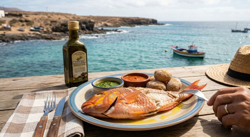 Plato de vieja guisada con papas arrugadas y mojo frente al mar en Fuerteventura