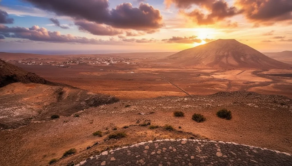 Vista panorámica de un volcán cónico durante la puesta de sol, rodeado de llanuras desérticas áridas, con poblaciones dispersas y un dramático cielo naranja y dorado con nubes
