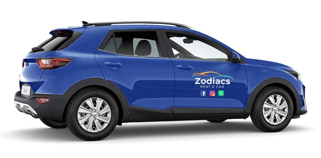 Vista lateral izquierda de un Kia Stonic azul de Zodiacs Rent a Car