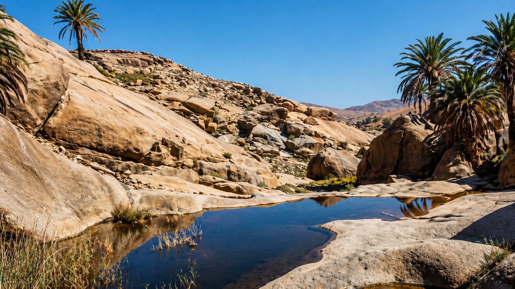 Paisaje del Barranco de las Peñitas en Fuerteventura con rocas, palmeras y agua en el Oasis de Malpaso