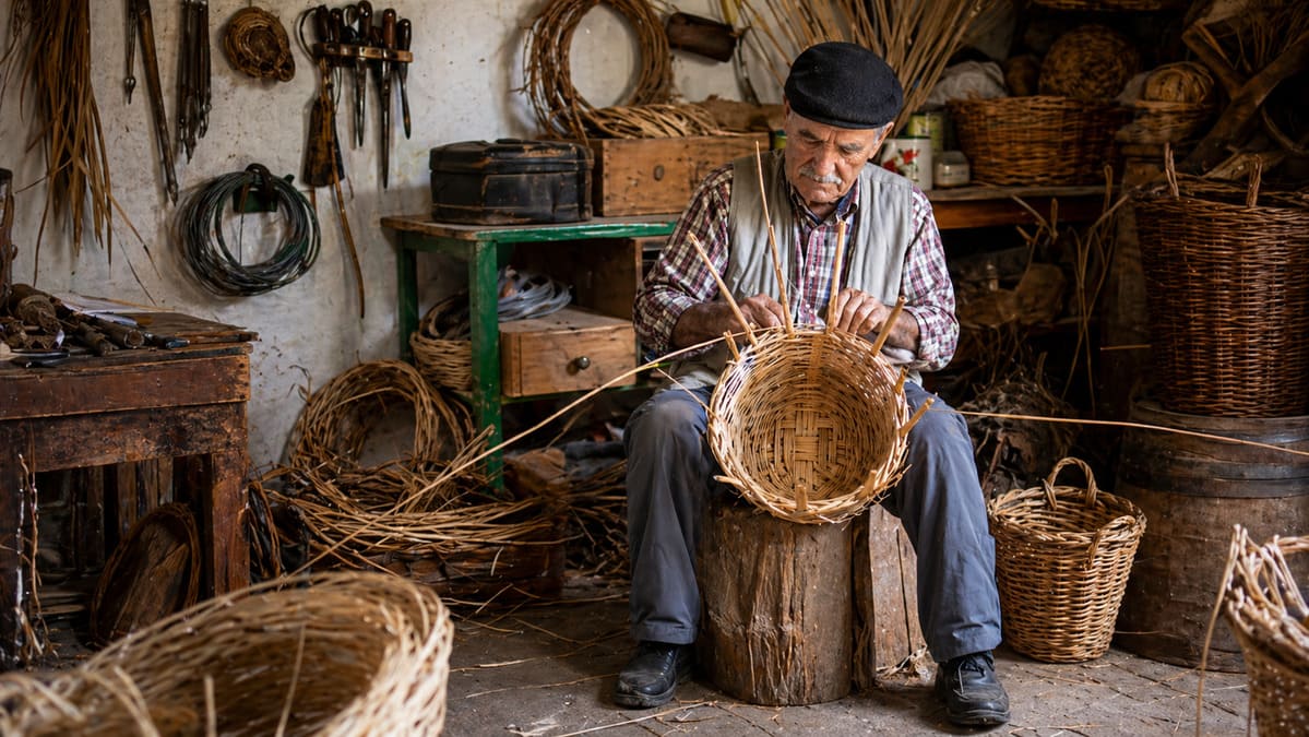 Artesano majorero elaborando una cesta de palma tradicional en Fuerteventura