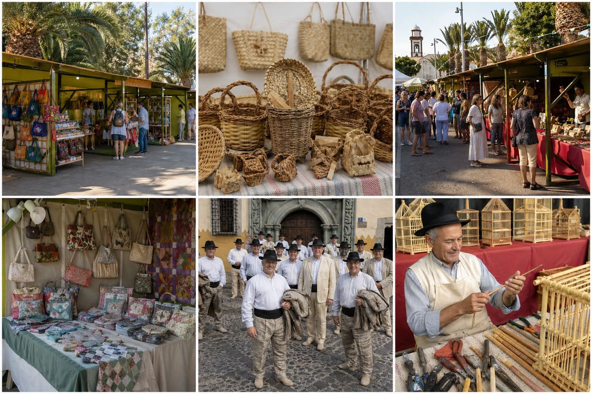 Collage de la Feria Insular de Artesanía de Antigua en Fuerteventura con puestos, cestería, artesanos y trajes tradicionales