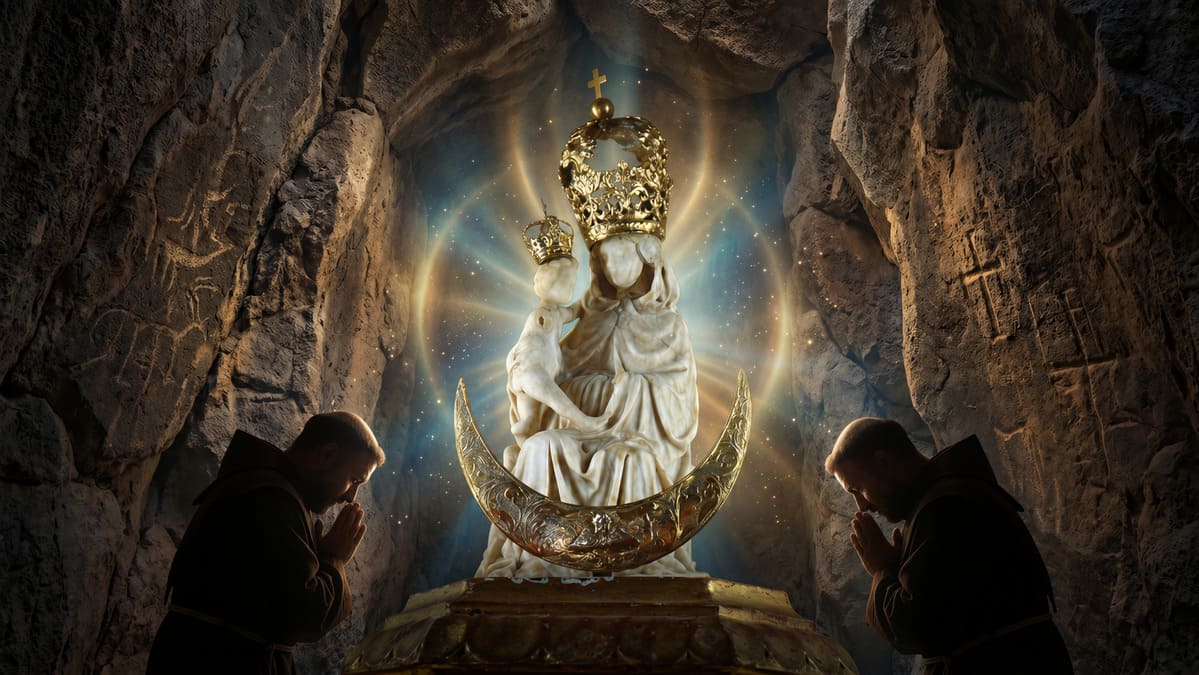 Ilustración de la leyenda de la Virgen de la Peña en Fuerteventura con frailes ante la imagen en una cueva