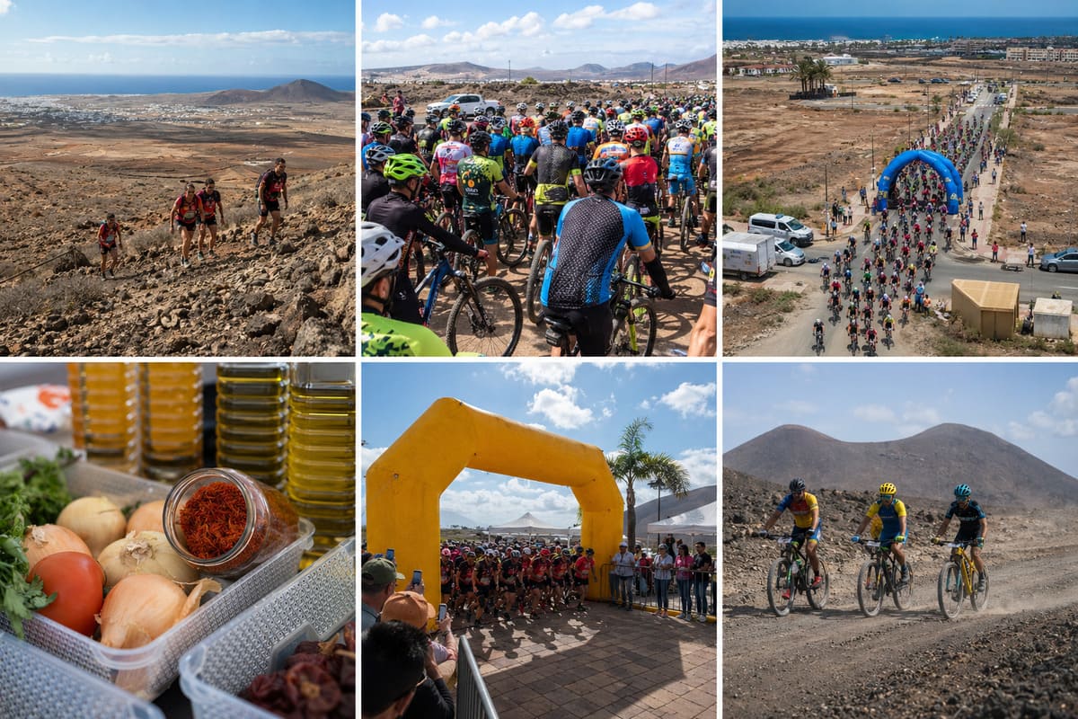 Collage de Paladea La Oliva 2026 en Fuerteventura con MTB, trail, senderismo y gastronomía local