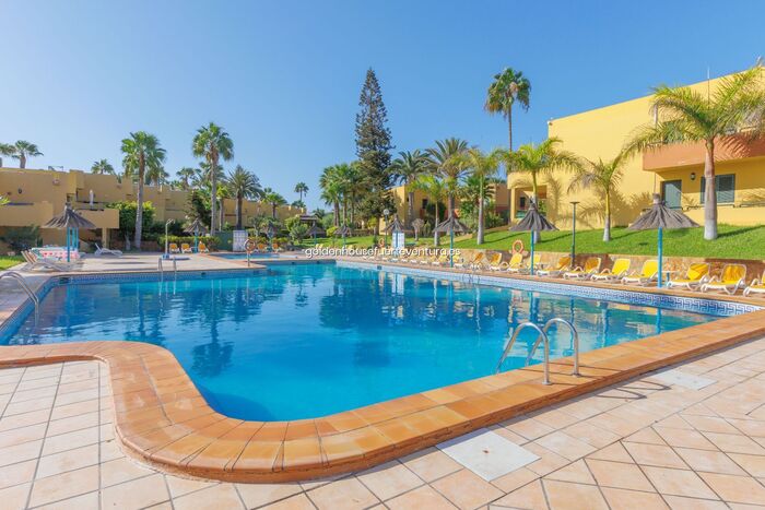 Piscina rodeada de edificios amarillos, césped y palmeras bajo cielo despejado.