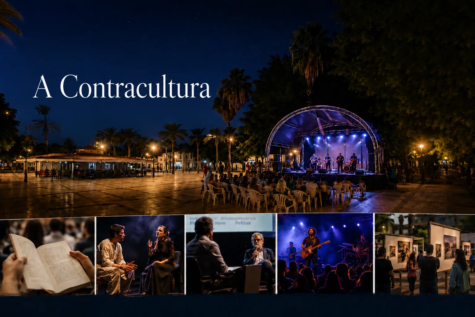 Imagen editorial de A Contracultura 2026 en Puerto del Rosario con escenario, música, teatro, literatura y exposiciones