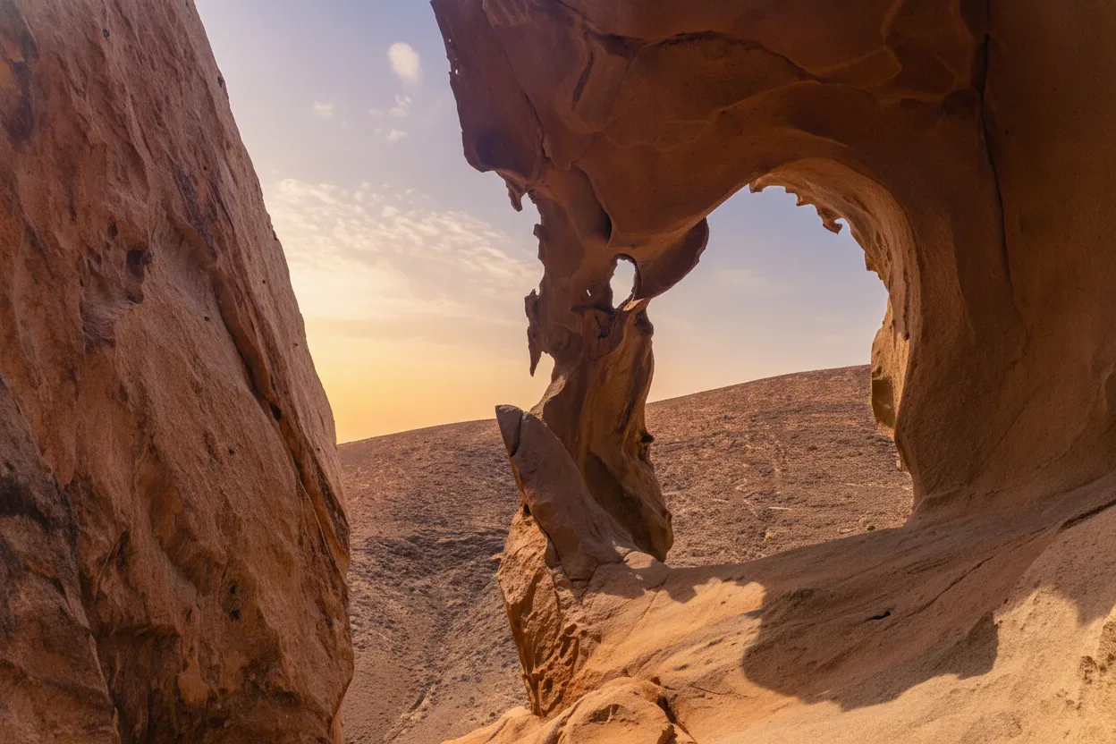 Arco natural de roca roja y marrón en desierto árido con vistas al horizonte durante la puesta de sol