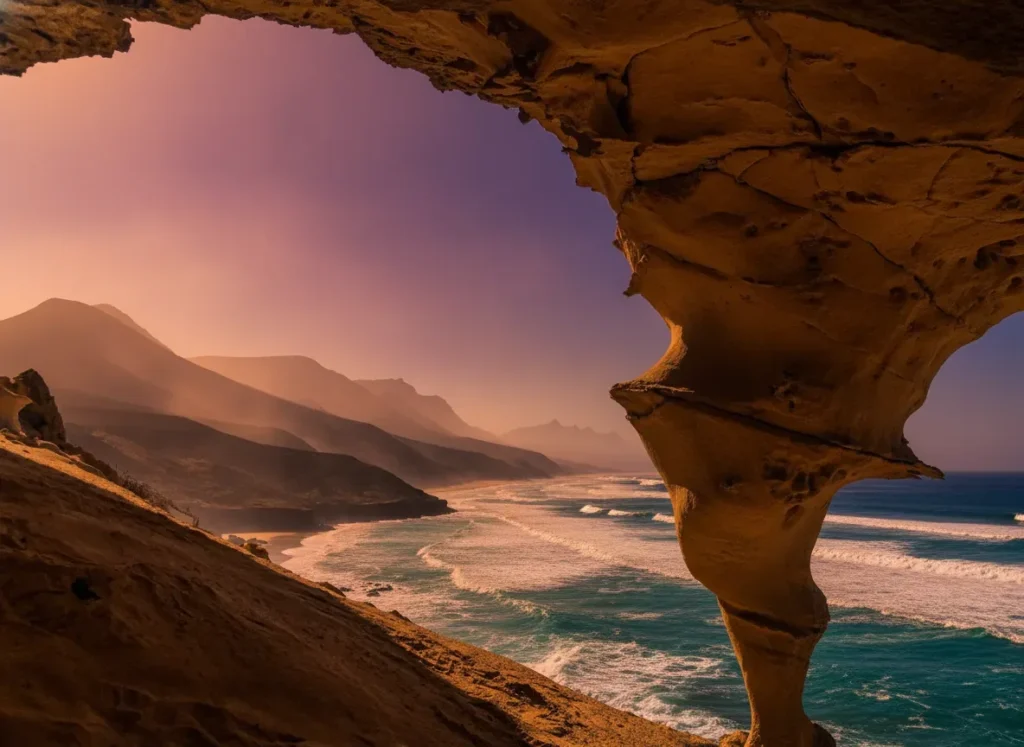 Vista desde el interior de una cueva de piedra arenisca que enmarca un paisaje costero con montañas brumosas, playa de arena y océano con olas durante la hora dorada del atardecer