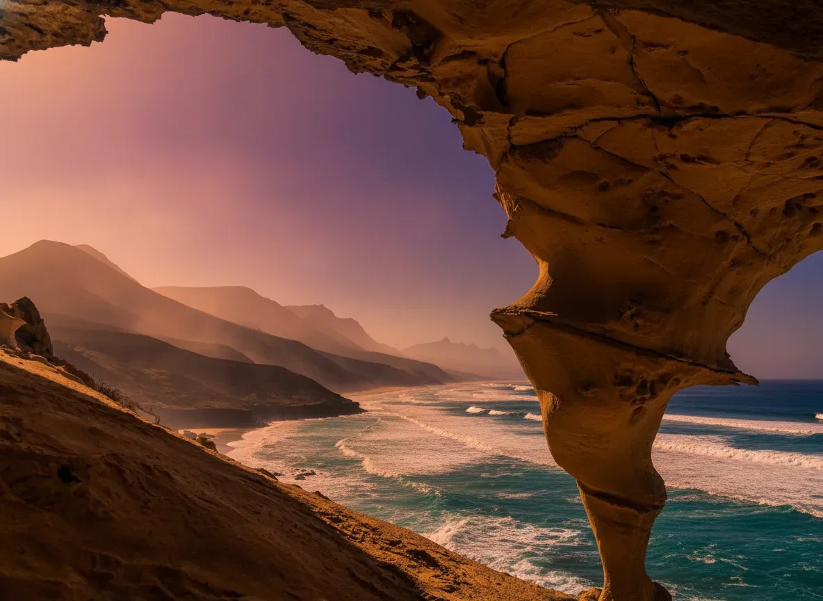 Vista desde el interior de una cueva de piedra arenisca que enmarca un paisaje costero con montañas brumosas, playa de arena y océano con olas durante la hora dorada del atardecer