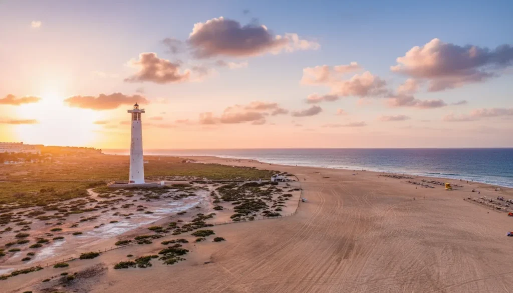 Faro blanco alto ubicado en una playa de arena dorada con vegetación costera, durante el atardecer con cielo rosado y nubes iluminadas por el sol