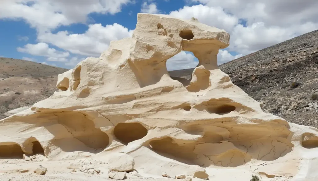 Estructura de roca caliza blanca intensamente erosionada con múltiples cavidades y agujeros naturales en paisaje desértico árido