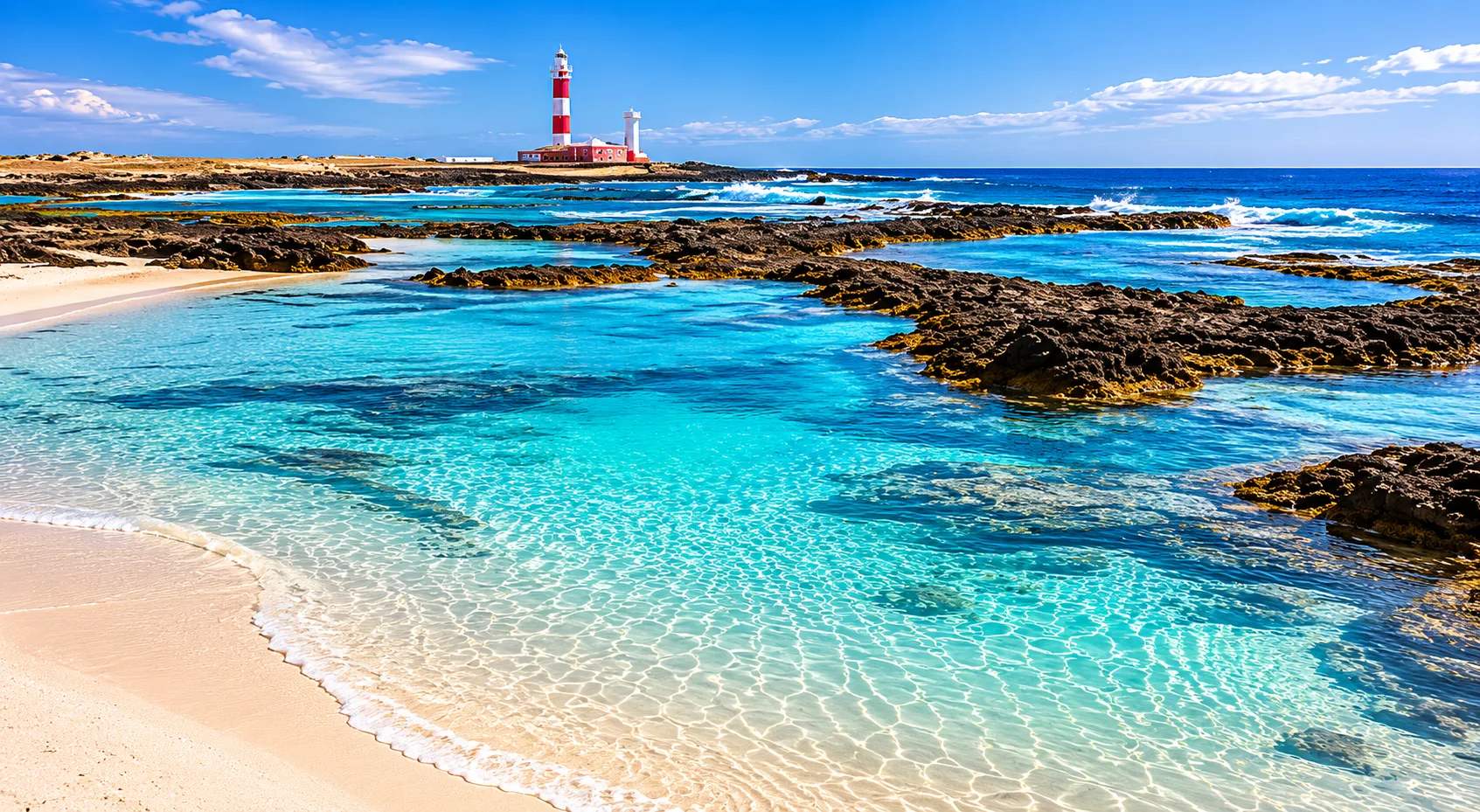 Lagunas de El Cotillo con aguas turquesas, arena blanca y el Faro del Tostón en Fuerteventura