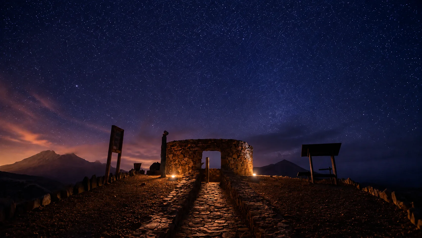 Mirador de Sicasumbre de noche en Fuerteventura con un cielo estrellado y la Vía Láctea sobre el observatorio astronómico.