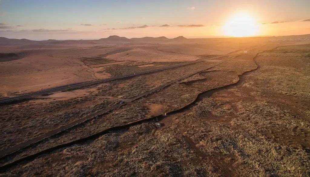 Vista aérea de un paisaje árido y desértico durante el atardecer, mostrando un río seco que serpentea entre terrenos rocosos, con montañas al fondo y el sol brillante en el horizonte
