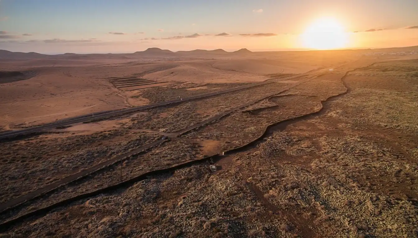 Vista aérea de un paisaje árido y desértico durante el atardecer, mostrando un río seco que serpentea entre terrenos rocosos, con montañas al fondo y el sol brillante en el horizonte