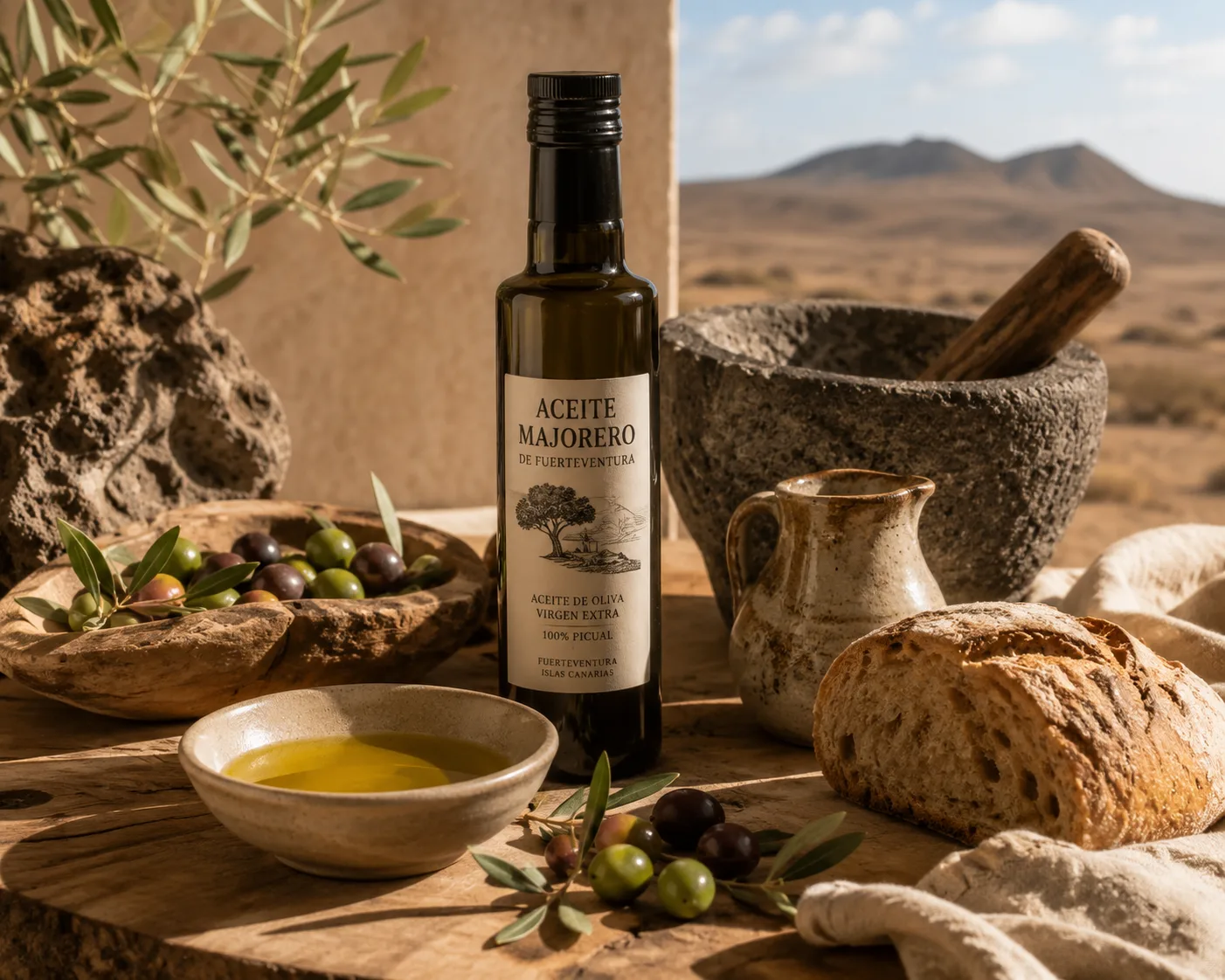 Botella de Aceite Majorero de Fuerteventura Aceite de Oliva Virgen Extra 100% Picual junto a un cuenco de aceite, aceitunas y pan artesano