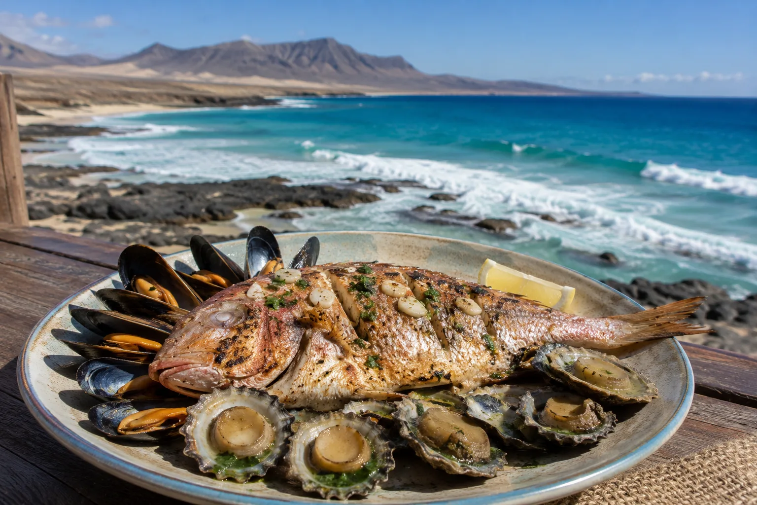Plato de vieja majorera acompañada de lapas y mejillones con el mar y la costa de Fuerteventura de fondo