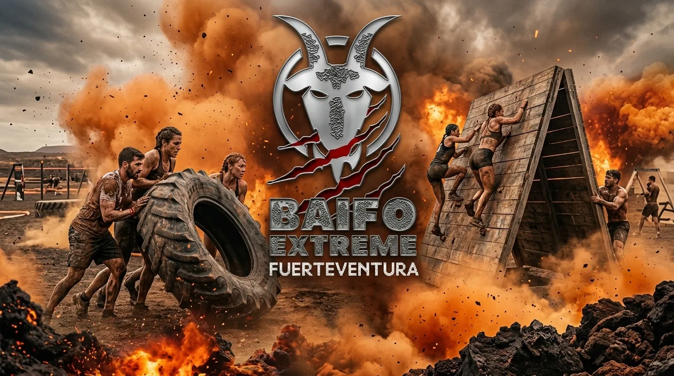 Logotipo metálico del chivo de la Baifo Extreme Fuerteventura rodeado de atletas volteando neumáticos pesados y trepando muros de madera entre polvo volcánico en Tindaya.