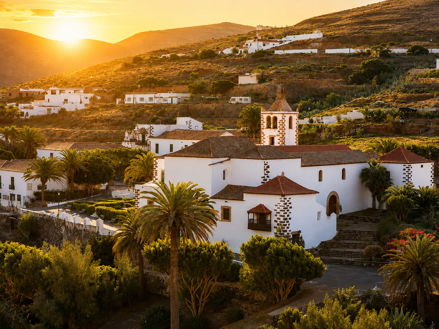 Paisaje dorado al atardecer sobre el caserío de casas blancas y la torre campanario de la Iglesia de Santa María en Betancuria, Fuerteventura.