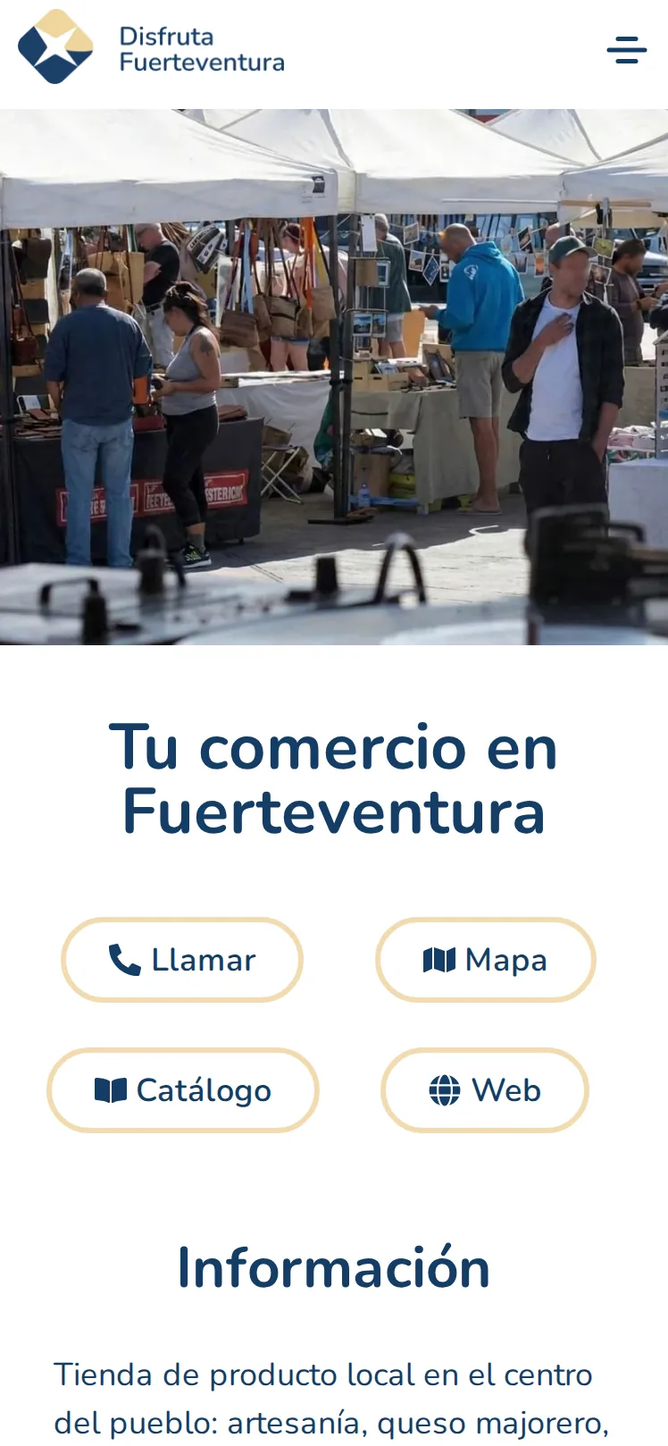 Ficha de ejemplo de un comercio en la guía, vista en el móvil: foto, nombre y botones para llamar, ver el mapa, el catálogo y la web